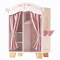 ROBUD Wooden Play Armoire Closet for Dolls, Doll Closet Furniture Wardrobe with 5 Hangers, Mirror, Velvet Curtains, Fit for 16-20in American Girl Doll Clothes, Gift for Boys & Girls, 3+