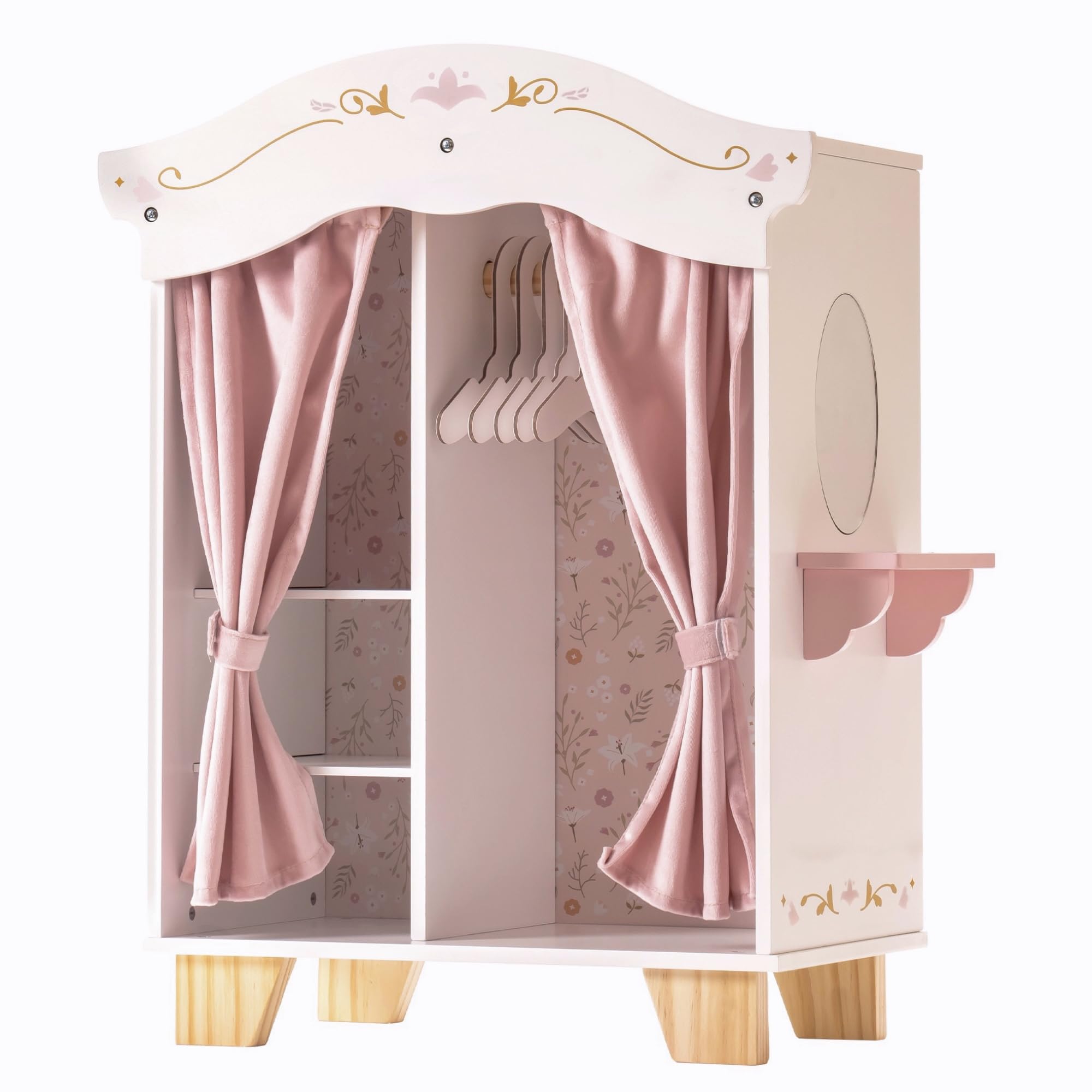 ROBUD Wooden Doll Furniture, Doll Closet with Mirror, 5 Hangers, Velvet Curtains, Elegance and Vintage Wooden Doll Accessories Toy Playsets, Fits for 16-20 inch Dolls, Gift for Boys & Girls