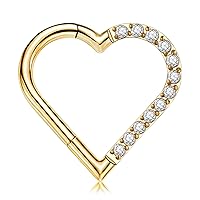 FINE4U Heart Daith Piercing Jewelry 16G 8mm 10mm Left Ear - ASTM F136 Titanium Clicker Daith Earrings for Women & Men