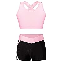 YiZYiF Kids Girls 2 Piece Gymnastic Outfit Straps Criss Cross Tank Top with Booty Shorts Dance Athletic Clothing Sets