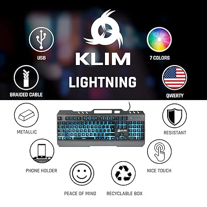 KLIM Lightning Gaming Keyboard - New 2023-7 LED Colors - Ergonomic Mechanical Feel Keyboard with Metal Frame - Compatible with PC Mac PS4 PS5 Xbox One - Wired Hybrid Keyboard