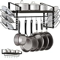 2 Pack 23 Inch Pot Rack Wall Mounted,Hanging Pot Organizer and Pans Lids Storage, Kitchen Cookware Hanging Shelves with 12 Hooks (Black)