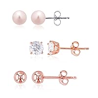Sterling Silver FWP Button, AAA Round Solitaire & High Polish Ball Stud Earring Set