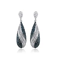 2.14 Carat (Cttw) Round Cut Natural White and Blue Diamond Drop Dangle Earrings Sterling Silver Screw Back