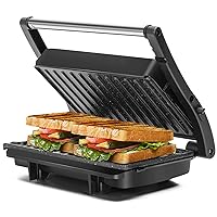 Panini Press Grill, Aigostar 1000W Sandwich Maker with Ceramic Non-stick Plates, Opens 180 Degrees for Any Size Food, 3-in-1 Sandwich Press Electric Grill, Drip Spout & Locking Lid, Sliver