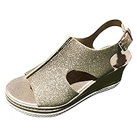 Womens Sandals Ladies Fashion Solid Color Leather Sequin Leather Open Toe Buckle Wedge Heel Sandals
