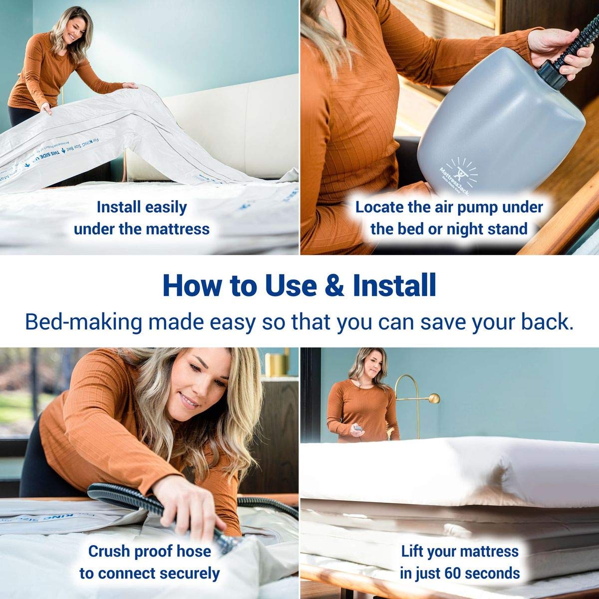 Mattress Jack Mattress Elevator - Easy Use Lifter for Sheet Tucking & Bed Making - Ergonomic Mobility & Daily Living Aid for Elderly, with Inflatable Ring, Air Pump, & Switch, Queen