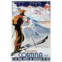 Laminated Dolomiti Cotina Ski Skiing Vintage Illustration Travel Art Deco Vintage French Wall Art Nouveau 1920 French Advertising Vintage Poster Prints Art Nouveau Decor Poster Dry Erase Sign 16x24