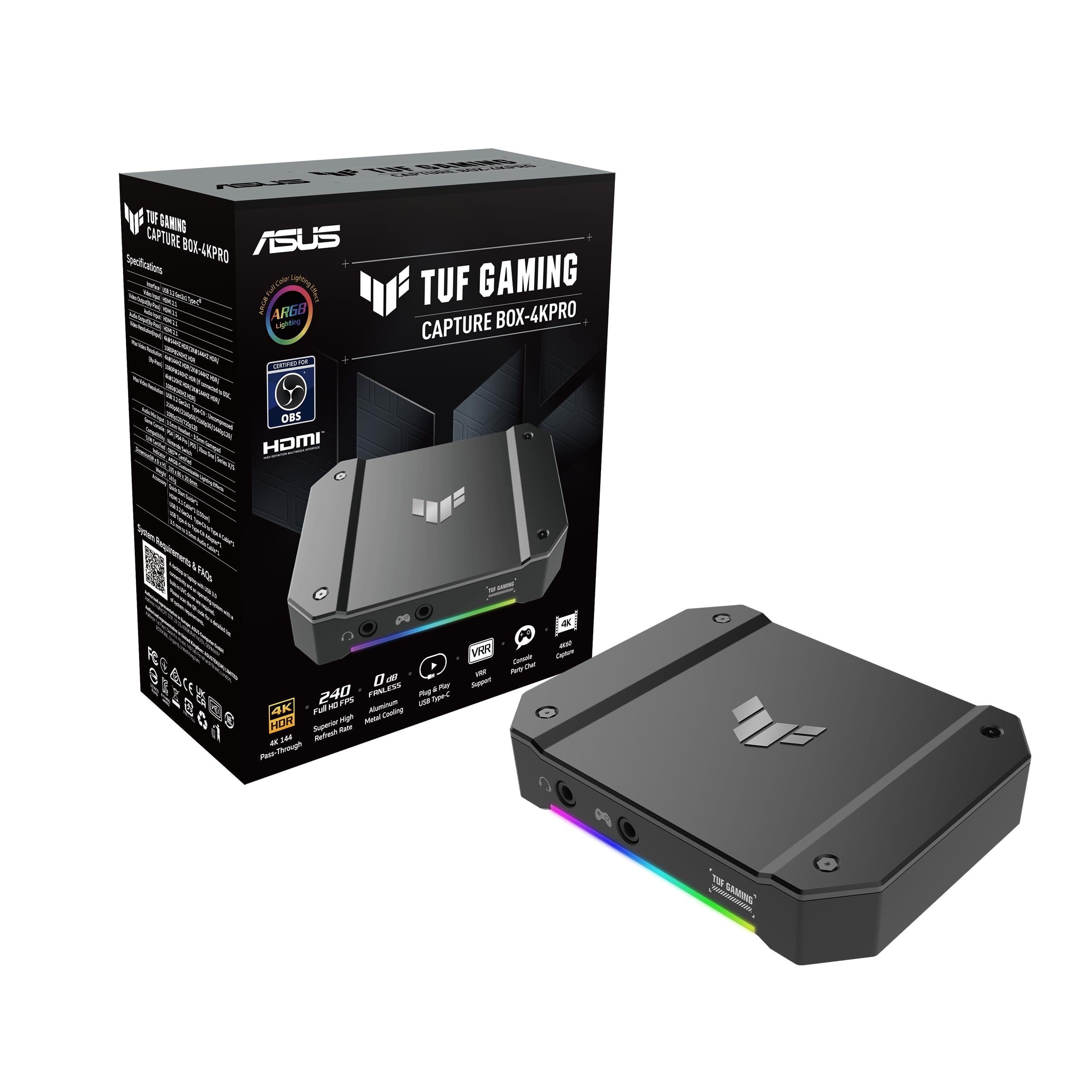 ASUS TUF GAMING CAPTURE BOX-4KPRO (4K144 | 2K144 | Full HD 240 HDR Passthrough, 4K60 | 2K120 | Full HD 120 Capture, USB Type-C 3.2 Gen 2, HDMI 2.1, VRR Supported, On-board Scaling, Certified for OBS™)