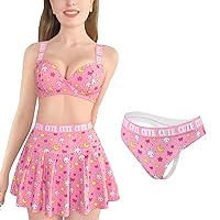 Littleforbig Women High Waisted Elastic 3 Pieces Usagi Sporty Mini Skirt Bralette Panty Set Plus Size Friendly
