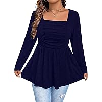 SOLY HUX Women's Plus Size Tops Ruched Square Neck Long Sleeve T Shirts Tees Casual Peplum Tops
