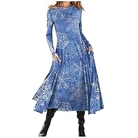 Women's Christmas Dress Fashion Casual Printed Round Neck Pullover Slim Fitting Long Sleeve Dress, S-3XL