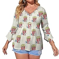 Popcorn and Eyeglass Womens 3/4 Sleeve Shirts V Neck Casual Ruffle Tops Loose Button Blouses