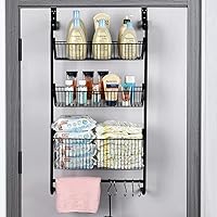 Wetheny Over The Door Pantry Organzier 3 Tier Hanging Wire Storage Basket Spice Rack Shelf with Hooks and Towel Rack for Bathroom Kitchen Craft Room Heavy Duty Black