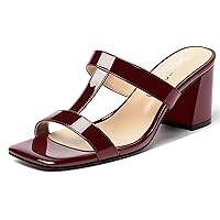 Women's Square Toe Patent Slip On Casual Chunky Mid Heel Heeled Sandals 2.5 Inch