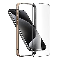 Slim Fit Metal Bumper Case for iPhone 15 Pro Max 6.7 inch, [Soft TPU Inner+Metal Plating Bumper][Support Wireless Charging] Shockproof Bumper Case with Tempered Glass Screen Protector, Gold