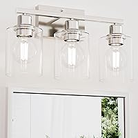 Bathroom Lighting Fixtures Over Mirror Brushed Nickel, Rustproof 3-Light Vanity Lights for Bathroom, 18Inches Modern Wall Sconces E26 Base, Transparent Clear Glass Shades, Bulbs Not Included