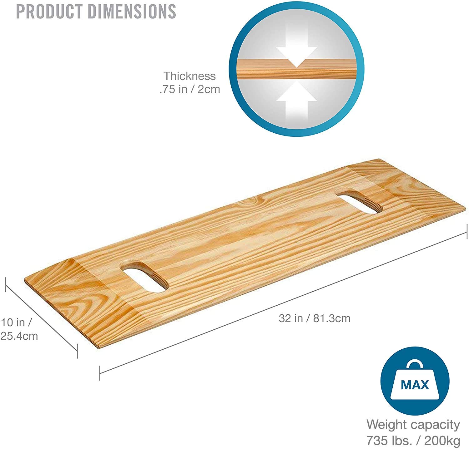 DMI Transfer Board and Slide Board made of Heavy-Duty Wood for Patient,Senior and Handicap Move Assist and Slide Transfers,FSA and HSA Eligible,Holds up to 735 Pounds,2 Cut Out Handle,32 x 10 x 1