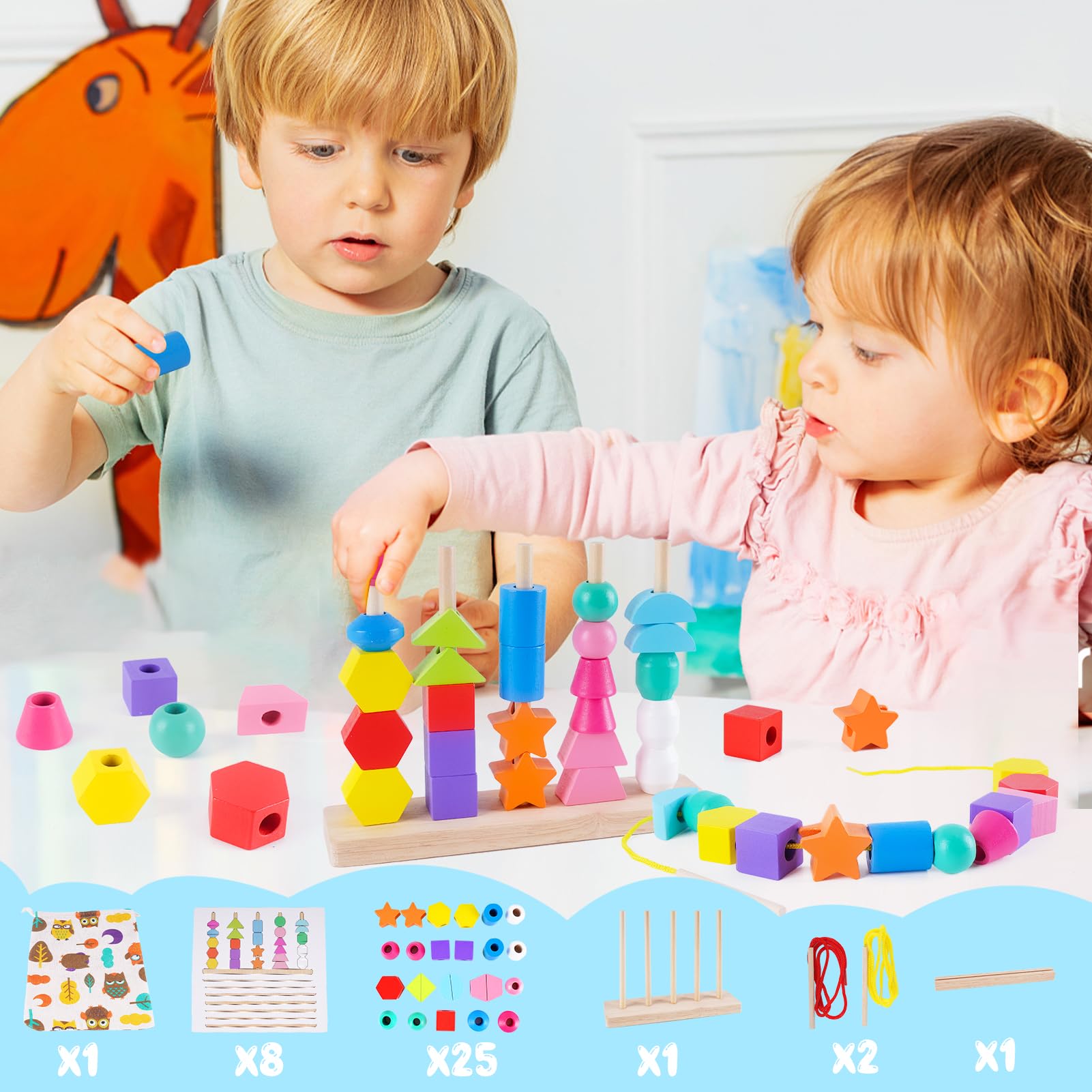 Toddler Montessori Toys Wooden Beads Sequencing Toy Set, Stacking Blocks, Matching Shapes, Lacing Beads, Shape Sorter Toys for 2 3 4 5 Year Old Boys Girls, STEM Preschool Learning Toys Gifts for Kids