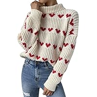 Women's Sweater Heart Pattern Drop Shoulder Sweater Sweater for Women (Color : Beige, Size : X-Small)