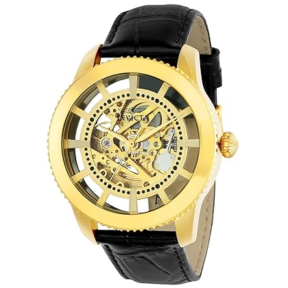 Invicta Men's 'Vintage' Automatic Stainless Steel and Leather Casual Watch, Color:Black/Gold Gold/Gold (Model: 22571, 22575)