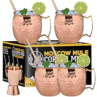 Moscow Mule Mugs - Set of 4, 100% Copper Mug Cups, Great Gift Set with 4 Cocktail Copper Straws and Jigger