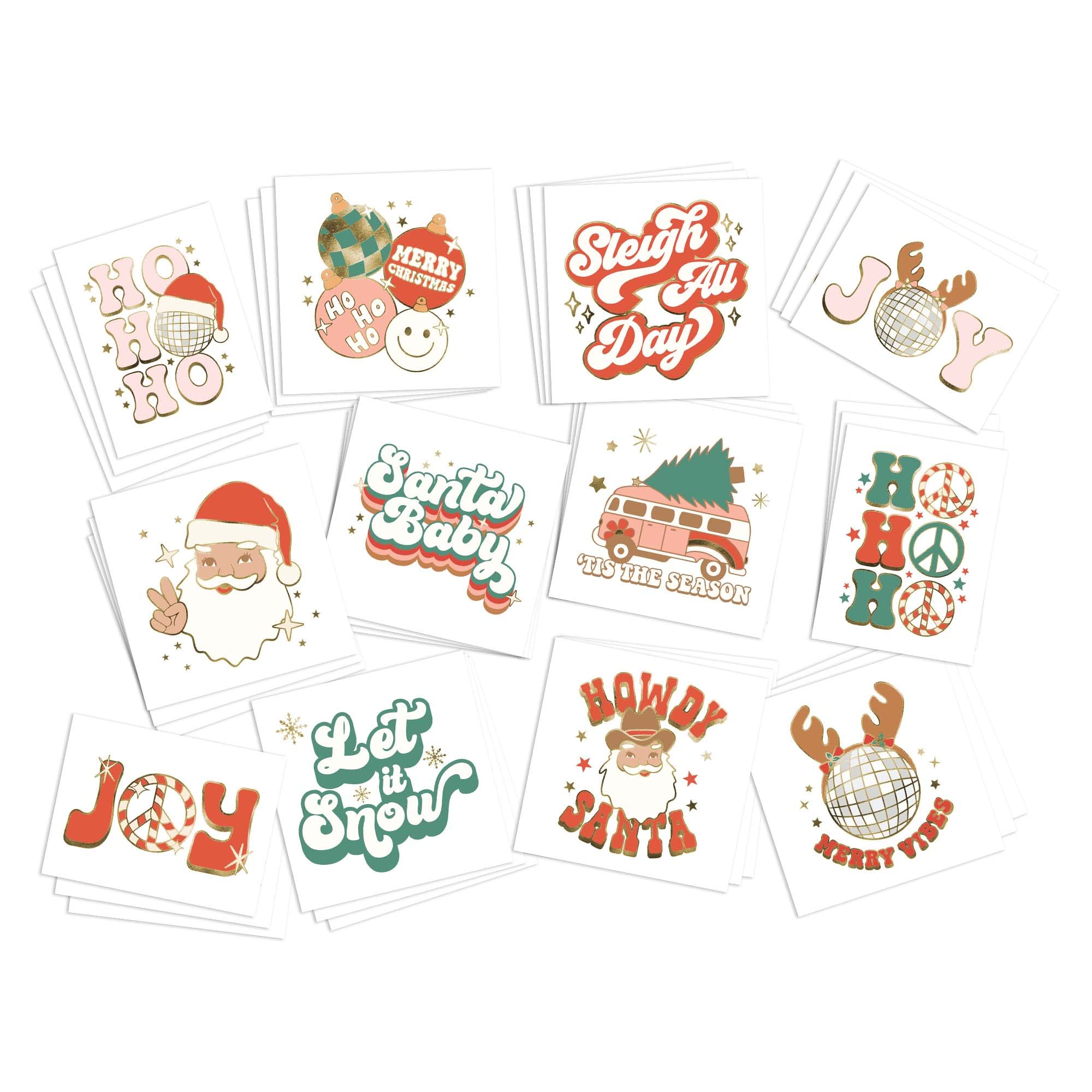 Retro Christmas Temporary Tattoos | Pack of 36 | Full Color with Gold Metallic Highlights | MADE IN THE USA | Skin Safe | Removable