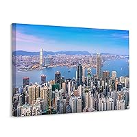 Canvas Wall Art Prints Hong Kong Skyline Cityscape Landscape Modern Scene Picture Photography Stretched and Framed Artwork for Living Room Bedroom Office Decorations