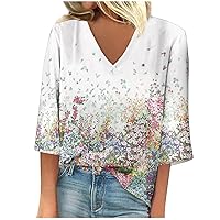 Ladies Summer Tops and Blouses 2023,Fall Womens Summer Tops 2023 3/4 Sleeve Casual 3/4 Sleeve Print V Neck Shirts Print Tee