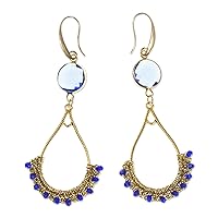 NOVICA Handmade Beaded Crocheted Dangle Earrings Gold Plated Brass Crystal Blue Mexico Bohemian [3.1 in L x 1.2 in W x 0.2 in D] 'Gold and Blue'