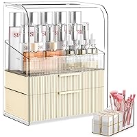Large Capacity Makeup Organizer for Vanity,Skincare Organizer with Lid,Cosmetic Display Case with 2 Drawers and Brush & Lipstick Holder,Water&Dust Free XL Makeup Storage Box for Bathroom (Cream)