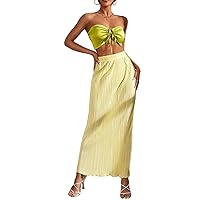 OYOANGLE Women's 2 Piece Outfits Off Shoulder Shirred Back Drawstring Ruched Front Crop Tube Top Plisse Skirt Set