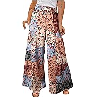 Boho Floral Drawstring Wide Leg Trousers for Women Summer Elastic High Wasit Casual Baggy Tropical Beach Pants
