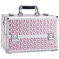 Makeup Train Case Professional Cosmetic Organizer Aluminum Storage Box with 4 Adjustable Dividers Trays Lockable Portablewith Shoulder Strap - Neutral Pink