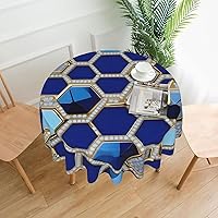 Blue Hexagons and Diamond Print Round Tablecloth Water Resistant Decorative Table Cover for Dining Table, Parties Camping