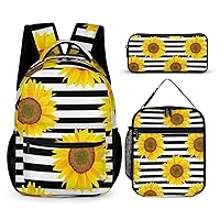 Sunflowers on Black White Striped Print Backpack Set Travel Laptop Backpack with Lunch Bag and Pencil Bag