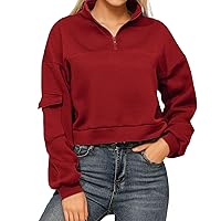 Cropped Sweatshirts for Women Quarter Zip Pullover Casual Plain Half Zip Scuba Dupes Sweatshirt with Drawstring Y2k Clothes