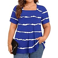 POPYOUNG Plus Size Summer Tunics for Women to Wear with Leggings Casual Square Neck Short Sleeve T-Shirt Loose Blouse