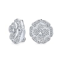 Bridal Cubic Zirconia Pave Twist Halo AAA CZ 3D Flower Rose Clip On Earrings For Women Mother Wedding Prom Formal Holiday Party Non Pierced Ears Silver Plated
