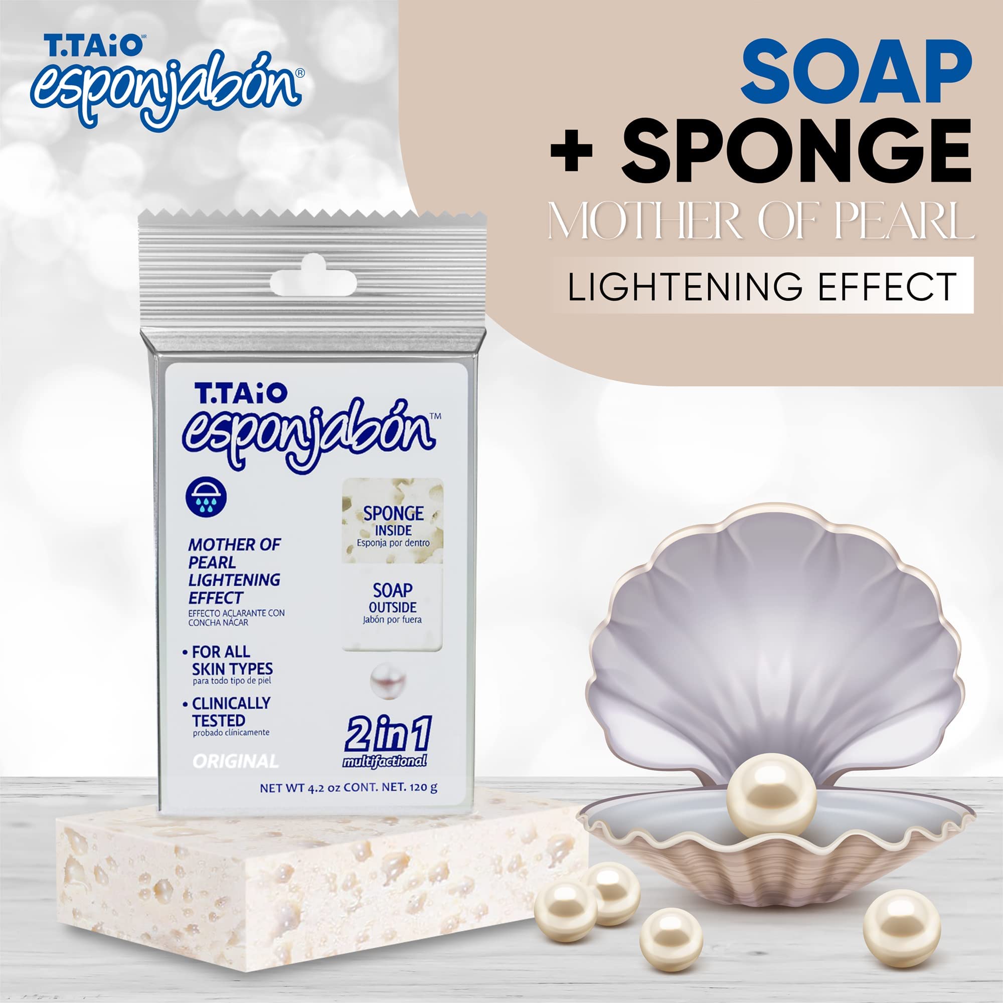 T.Taio Esponjabon Mother of Pearl Soap Sponge - Cleansing Shower Scrubber - Cleaning Bath Wash Scrub - Oil Removal - Massage & Lather Foot, Elbow, & Face - Bathroom Accessories (2-Pack)