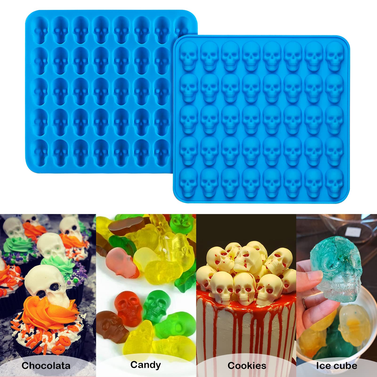 2Pcs Gummy Skull Candy Molds Silicone, Chocolate Gummy Molds with 1 Droppers Nonstick Food Grade Silicone for Candy, Jelly, Ice Cube (2PCS)