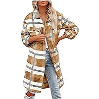 TUNUSKAT Shacket Jacket Women Casual Plaid Long Sleeve Flannel Shirt Fall Spring Lapel Button Down Cardigan Coats Loose Fit
