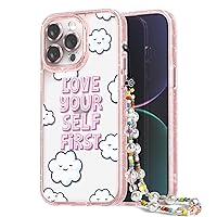 Compatible for iPhone 14 Pro Max Case Cute Aesthetic - Glitter Pink Phone Case with Camera Protector - Girly Love Yourself First Cover with Wrist Strap Design for Woman Girl 6.7