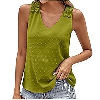 Swiss Dots Tank Tops for Women Shirred Pleated Straps Sleeveless V Neck T-Shirts Summer Casual Beach Chiffon Blouse