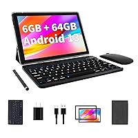 Android 13 Tablet with Keyboard, 2023 Upgraded 10 Inch Tablets with 6GB RAM +64GB ROM +1TB Expanded Quad-Core Processor, Mouse/Stylus, GMS Certified Tablet with BT 5.0 / WiFi - Silver