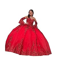 Glitter Sequin Lace Patterned Ball Gown Quinceanera Prom Dresses Detachable Juliet Long Sleeves