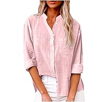 Womens V Neck Button Down Linen Boyfriend Shirts Roll Up Long Sleeve Blouses Casual Work Plain Solid Tops with Pocket