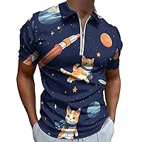 Kawaii Cute Space Cat Mens Polo Shirts Quick Dry Short Sleeve Zippered Workout T Shirt Tee Top