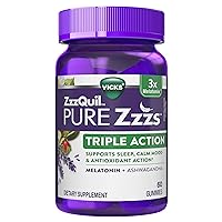 ZzzQuil PURE Zzzs Triple Action, 6mg Melatonin Gummies, 3X Melatonin Sleep Aid with Ashwagandha, Calm Mood & Antioxidant Action, Sleep Aid for Adults, 6 mg per serving, 60 Count