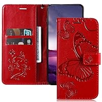 Phone Case for Samsung Galaxy A35 5G Case Wallet with Credit Card Slots Holder Wrist Strap for Women Kickstand PU Leather Shockproof Protective Case for Samsung A35 5G Butterfly Red KT